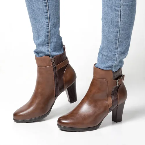 Vista 6 de mysoft - Botines de mujer con cremallera, tacón grueso apilado, botas de tobillo con hebilla y correa en el tobillo Marrón (Brown Buckle)