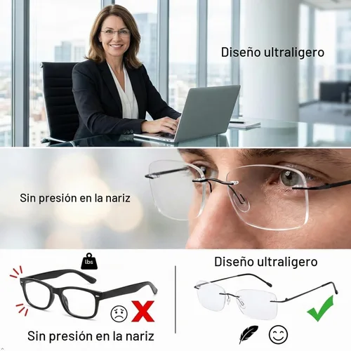 Vista 3 de Eyekepper Anteojos sin montura para mujer, lentes sin marco negro Lentes de lectura inalámbricos para mujer, resistentes a los arañazos
