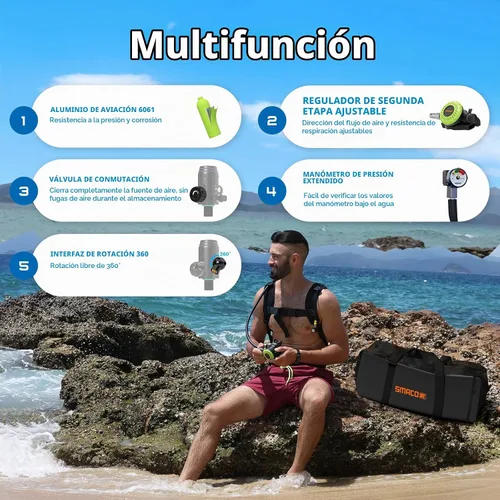 Vista 5 de SMACO S700 Mini Tanque de Buceo 1.9L Tanque de Buceo Portátil Reutilizable Botella Pony de hasta 30 Minutos de Tiempo de Buceo Kit de Tanque de Aire