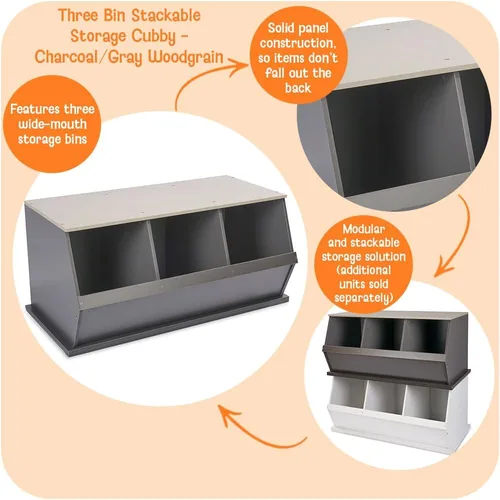 Vista 2 de Badger Basket Organizador apilable de almacenamiento de juguetes de 3 cubos y cubículo para niños, cubos de plástico duraderos, almacenamiento