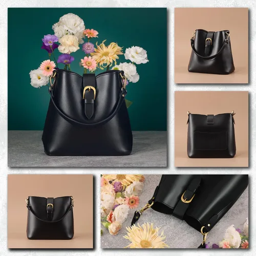 Vista 3 de Town Bucket - Bolsa de cuero vegano para mujer, estilo hobo, retro, imitación casual, monedero clásico, vintage, simple, bolso de hombro y cartera