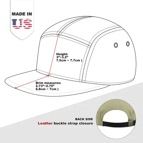 Vista 5 de The Hat Depot Hecho en Estados Unidos de sarga de algodón de 5 paneles de ala plana de cuero genuino de latón