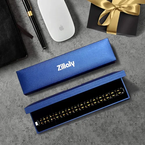 Vista 6 de Zillaly Pulsera de acero inoxidable de dos tonos con eslabones cuadrados de diamantes para hombre en negro y azul ionizado negro