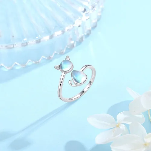 Vista 2 de CHENGHONG Anillo de plata de ley 925 con piedra de luna anillos de animales abiertos joyería de gato de la suerte regalos para mujeres y niñas