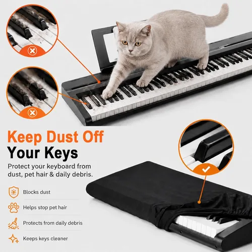 Vista 6 de Funda para teclado de piano de 88 teclas, cobertura completa con cordón elástico y bloqueo ABS, ajuste universal para pianos digitales de 88 teclas