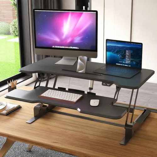 Vista 4 de Mount-It! Convertidor de escritorio eléctrico de pie con mesa de 38 pulgadas, elevador de escritorio de pie ajustable en altura, elevador