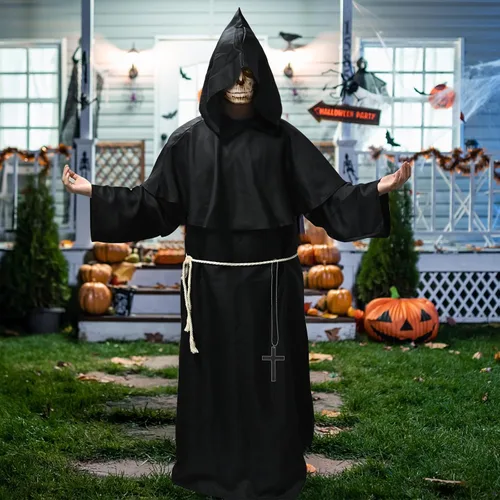 Vista 8 de GOLDGE Hooded Monk Robe and Cloak, Authentic Medieval Monk Priest Costume for Halloween and Cosplay