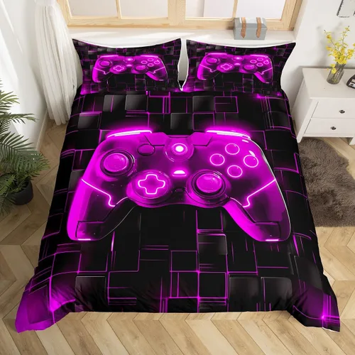 Vista 52 de Juego de funda de edredón con diseño de videojuegos para niños, tamaño individual, negro y azul a cuadros, juego de ropa de cama moderna