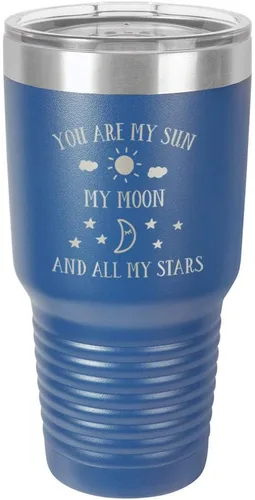 Vista 12 de Taza de viaje grabada con grabado en polvo de acero grabado con láser, con texto en inglés "You are MY SUN MY MOON AND ALL MY STARS", sin BPA
