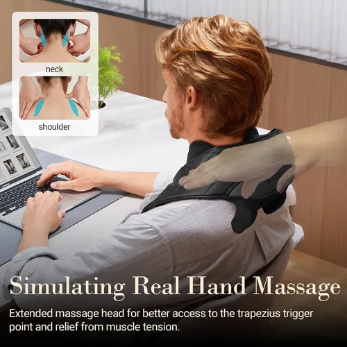 Vista 4 de CuPiLo Masajeador de cuello inalámbrico para aliviar el dolor de tejido profundo, masajeador de hombro con calor, 3 modos y velocidad, almohada