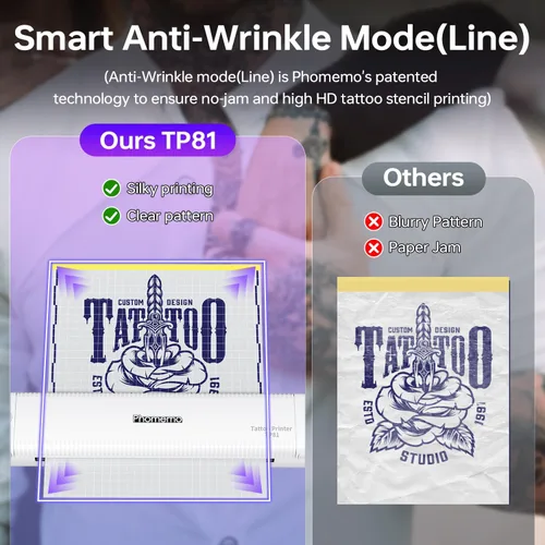 Vista 5 de Phomemo Impresora de plantillas de tatuaje actualizada, TP81 impresora de tatuaje Bluetooth con 10 piezas de papel de transferencia, compatible