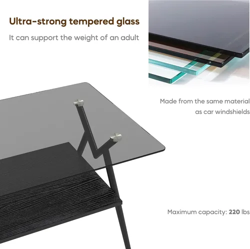 Vista 4 de Mesa auxiliar rectangular contemporánea de cristal con patas de metal cruzadas en ángulo para sala de estar, elegante mesa auxiliar de vidrio