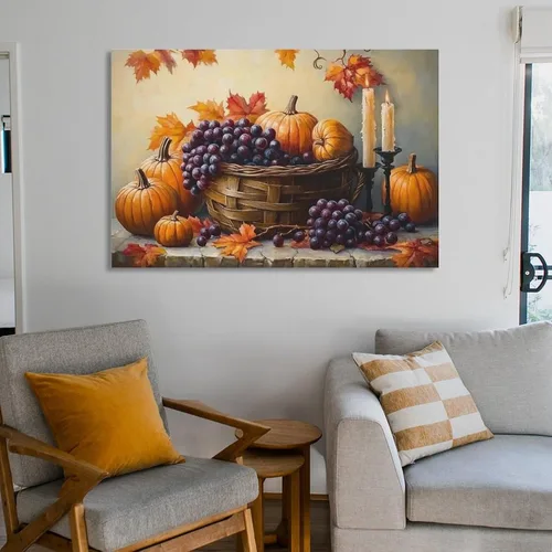 Vista 6 de Arte De Pared De Calabaza, Lienzo De Otoño, Cocina, Comedor, Decoración De Pared, Pintura De Hojas De Arce, Cosecha De Acción De Gracias Wall Art