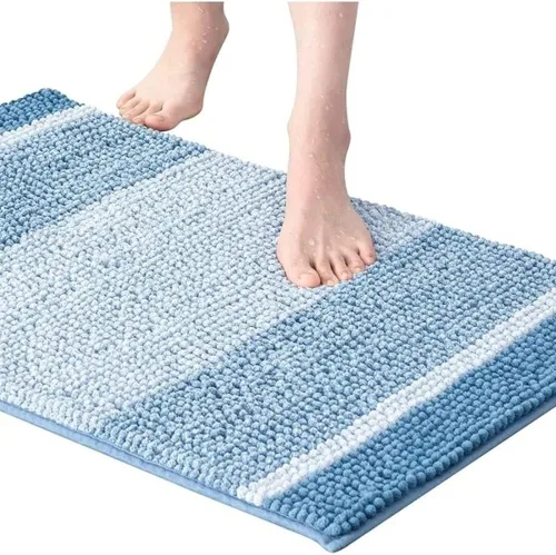 Vista 2 de 1 pieza de alfombras de baño de felpilla extra suaves, tamaño de 20 x 32 pulgadas, diseño de rayas atrevidas, color azul piedra, felpa, tacto suave