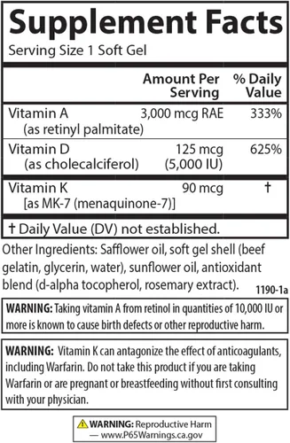 Vista 4 de Carlson - Vitaminas A, D3, K2, 3000 mcg RAE Vitamina A, 125 mcg de Vitamina D3, 90 mcg de Vitamina K2 como MK-7, Construcción de Huesos, Utilización
