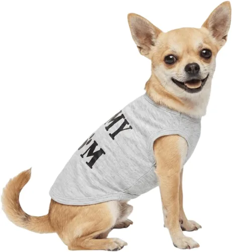 Vista 5 de Paquete de 2 camisetas para cachorros, ropa para perros pequeños con texto en inglés "I Love My Daddy Momm", talla XS gris Mix