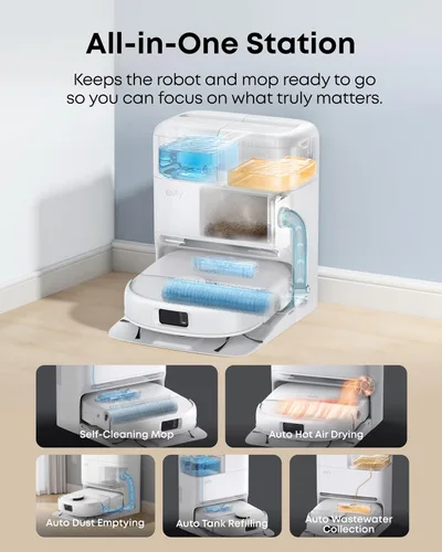 Vista 6 de eufy C28 - Combo de aspiradora y trapeador robot blanco 2026, succión de 15,000 Pa, mopa con rodillo autolimpiante HydroJet, mejorado desde X10 Pro
