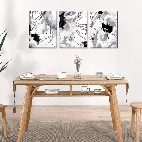 Vista 5 de Lienzo abstracto para pared, para dormitorio, baño, sala de estar, decoración de pared, negro, blanco, gris, moderno, abstracto, lienzo, impresiones