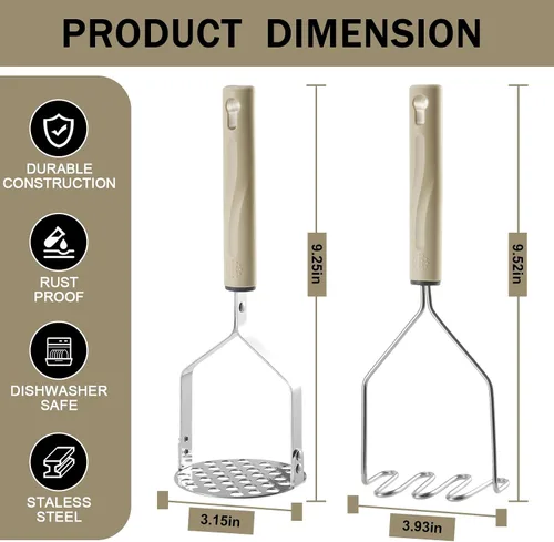 Vista 4 de Triturador de patatas de acero inoxidable, 2 piezas de puré de papas resistente, herramienta de cocina y trituradora de alimentos para papas