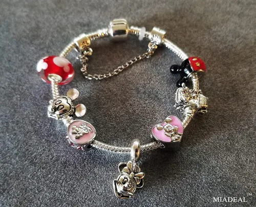 Vista 2 de MIADEAL Pulsera con dijes de Mickey & Minnie Mouse, compatible con Pandora, rosa