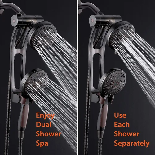 Vista 3 de Combo de lujo de 3 vías de alta presión de 48 modos con brazo de extensión ajustable – Cabezal de ducha dual de lluvia y de mano – Manguera de acero