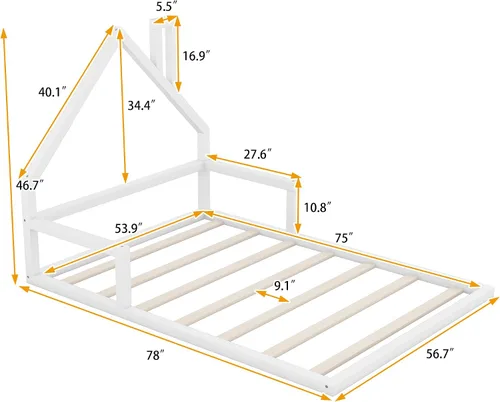 Vista 2 de Harper & Bright Designs Cama de suelo de tamaño matrimonial con cabecera en forma de casa, marco de cama Montessori, cama de plataforma, cama