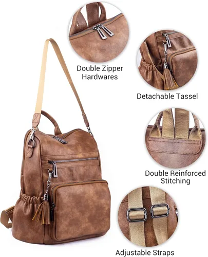 Vista 4 de Mochila de cuero para mujer, diseño de moda, bolsa de hombro convertible con borlas, Marrón, Mochilas Tote
