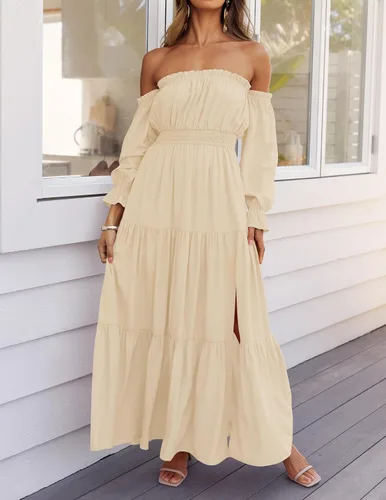 Vista 63 de ZESICA - Vestido largo, bohemio y sexy, con hombros descubiertos y manga larga fruncida, con elástico fruncido, cintura alta y abertura lateral