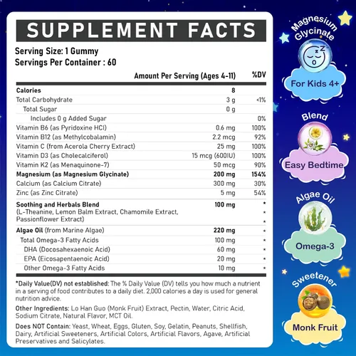Vista 2 de Gomas de glicinato de magnesio para niños - Suplemento de glicinato de magnesio 200mg con L-teanina Omega-3, calcio, vitamina D3 y B12 para niños