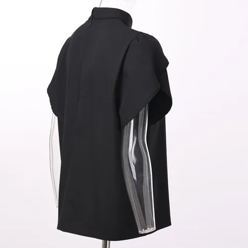 Vista 9 de Camisa de clero de iglesia para mujer, cuello con pestaña frontal, plisada, manga pétalo