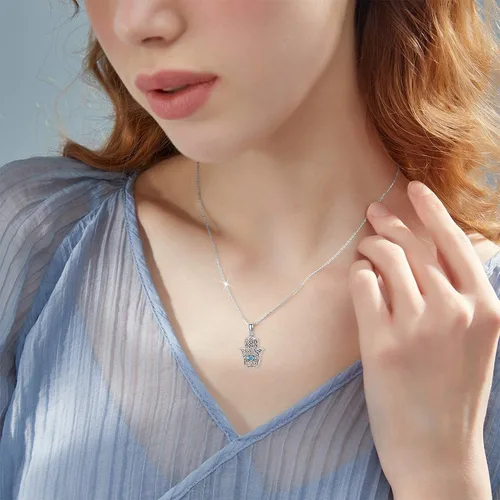 Vista 2 de MBSUUH Hamsa - Collar de mano de plata de ley 925 con dije de Fátima Hamsa para mujer, Metal, Circonia cúbica