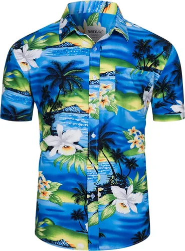 Vista 2 de TUNEVUSE Camisa hawaiana de manga corta para hombre, trajes con estampado de flores, conjuntos tropicales de 2 piezas, camisas y pantalones cortos