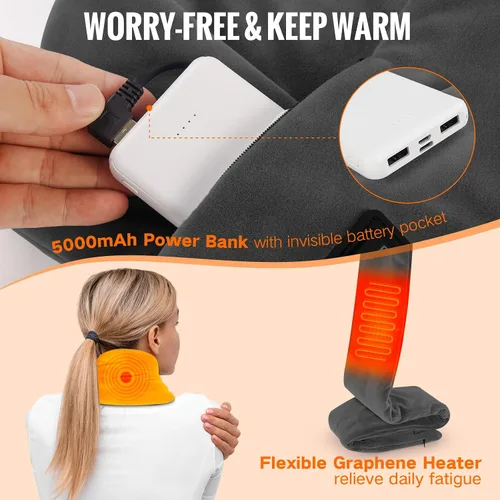 Vista 7 de Almohadilla térmica para el cuello Bufanda térmica para aliviar el dolor, envoltura térmica con banco de energía de 5000mAh, soporte térmico Negro