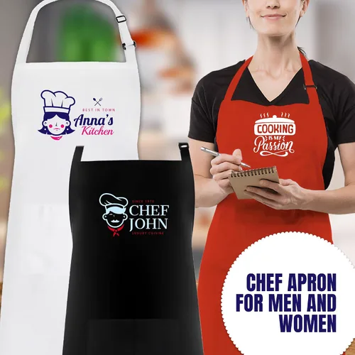 Vista 3 de Delantal con babero ajustable personalizado – Delantales de cocina personalizados con 2 bolsillos para mujeres y hombres – Añade tu nombre
