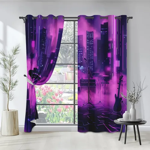 Vista 5 de Neon Synthwave Kitchen Curtains 2 Panels, Neon Cyberpunk Blackout Curtains Thermal Insulated Small Window Curtains, Colorful Futuristic Drapes