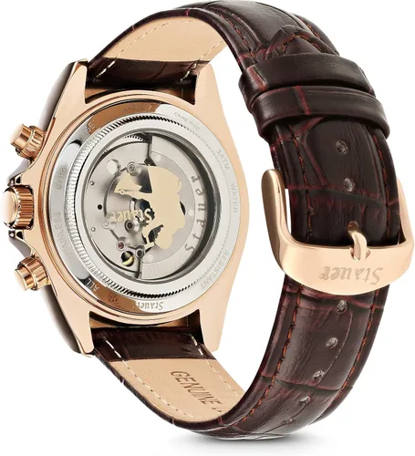 Vista 4 de Stauer Speedway Reloj automático para hombre Reloj analógico de diseño icónico Correa de reloj de cuero marrón en relieve de cocodrilo Caja