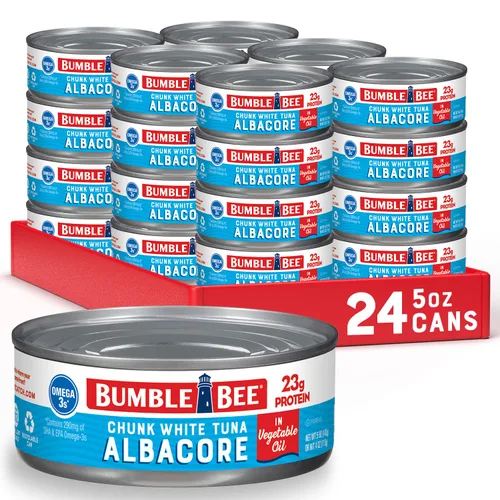 Vista 10 de Bumble Bee Trozos de atún blanco blanco en aceite, lata de 5 onzas, atún capturado en la naturaleza, 0.81 oz de proteína por porción, alto