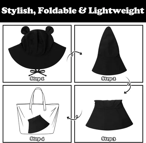 Vista 6 de Sombrero de sol para bebé, sombreros para niños y niñas, sombrero de sol para bebé niña sombreros con orejas de oso de ala ancha UPF 50+ sombrero