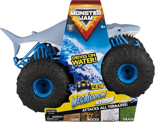 Vista 2 de Monster Jam, Camión monstruo oficial Megalodon Storm todo terreno a control remoto, escala 1:15