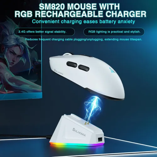 Vista 3 de SOLAKAKA SM820 - Mouse inalámbrico para juegos con base de carga RGB, 24000 DPI Tri-Modos Ratón inalámbrico con 2 botones laterales, mouse macro