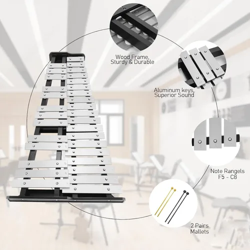 Vista 4 de Kit de percusión de xilófono Glockenspiel de 32 notas con soporte ajustable en altura, baquetas y estuche de transporte