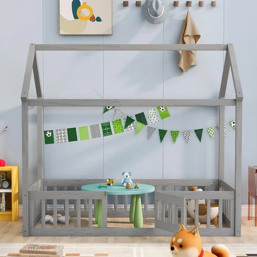Vista 5 de Cama de casa individual para niños con barandillas de valla, marco de cama Montessori de madera tamaño individual con puerta pequeña para niños