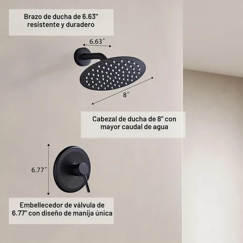 Vista 2 de Juego de llave de ducha HUCKLE con cabezal de ducha, llave de ducha negra de 8 pulgadas con válvula, cabezal de ducha de lluvia de mango único