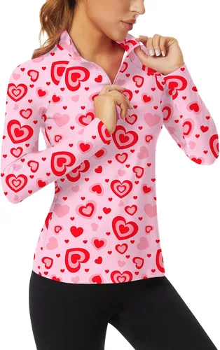 Vista 12 de WOWENY - Camiseta de manga larga con cremallera de 1/4 para mujer, con cuello, para hacer deporte, con estampado, para tenis Hoja multicolor.