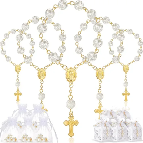 Vista 8 de Juego de 50 paquetes de recuerdos de bautismo, cuentas de rosario de bautismo acrílicas, perlas falsas con bolsas de organza, recuerdo de boda