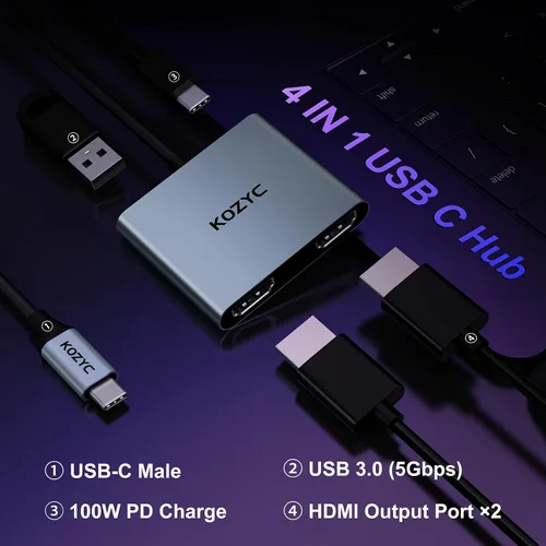 Vista 2 de Adaptador USB C a HDMI Dual 4K@30Hz, Hub USB C Multipuerto KOZYC con 2xHDMI, USB 3.0, 100W PD, Compatible con Divisor USB C a HDMI Pantalla