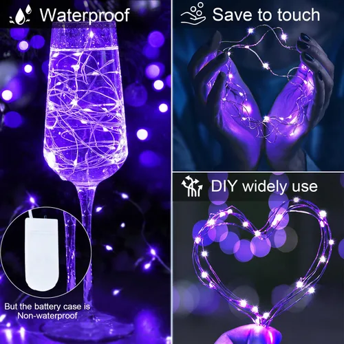 Vista 3 de OMIKA Paquete de 3 tiras de luces de batería de luz negra UV para interiores, 6.56 pies, 20 luces LED de alambre de cobre púrpura UV para Halloween