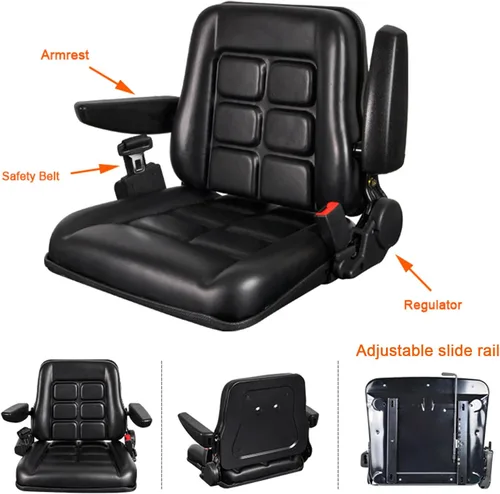 Vista 3 de Asiento universal ajustable para carretilla elevadora con cinturón de seguridad y reposabrazos, respaldo ajustable y riel deslizante Asiento