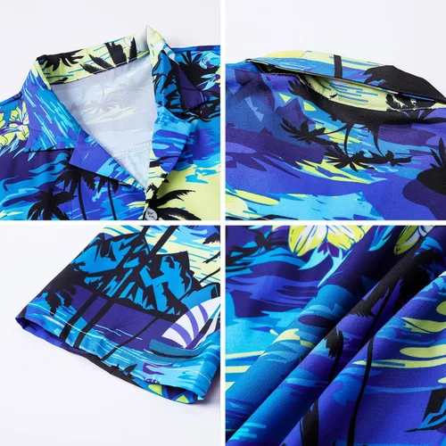 Vista 6 de SANGTREE Traje hawaiano corto de verano para niños, camisa con botones + camiseta blanca + pantalones cortos, 3 meses a 9 años