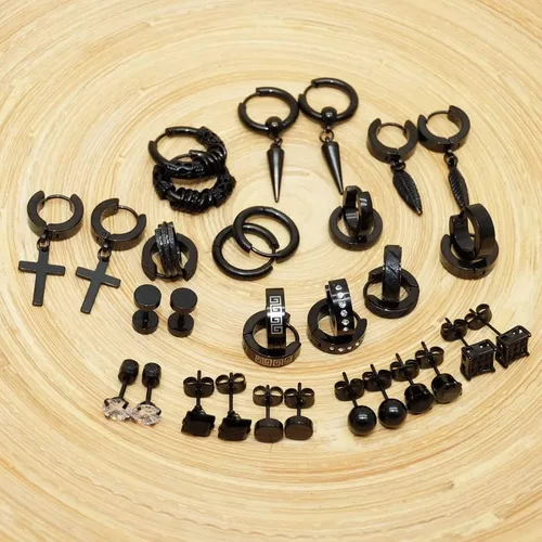 Vista 2 de Aretes para hombre 18 pares de aretes quirúrgicos de acero inoxidable para hombres y mujeres aretes de circonita cúbica aretes de aro colgantes